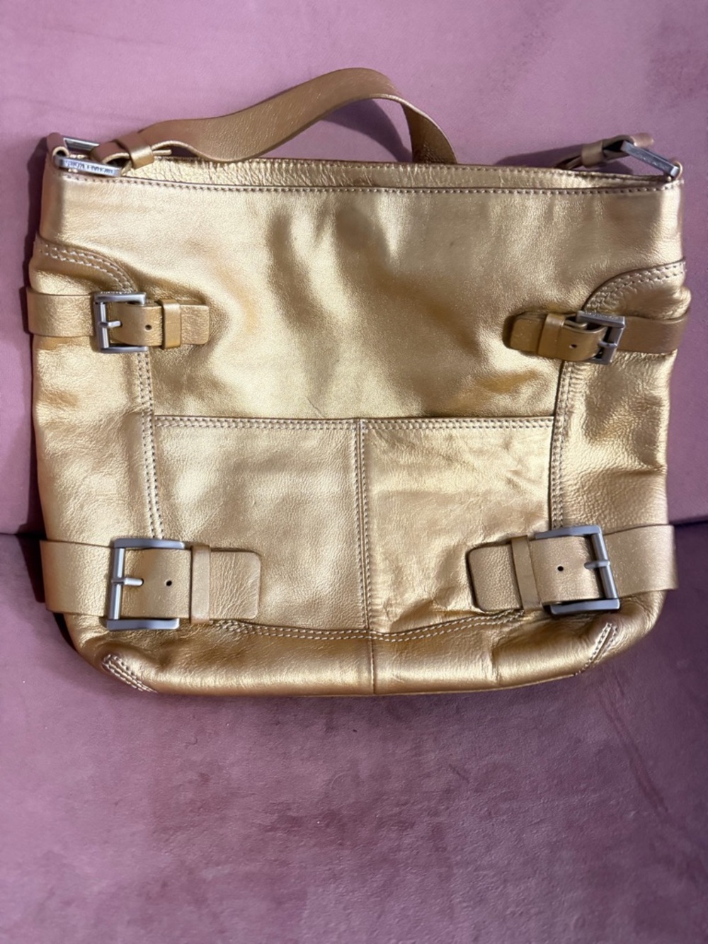 Michael Kors Metallic Gold Leather Shoulder Bag with Buckle Accents